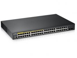 ZYXEL Switch 48x1000Mbps (24xOE) + 2xGigabit SFP, Fémházas Menedzselhető, GS1900-48HPV2-EU0101F