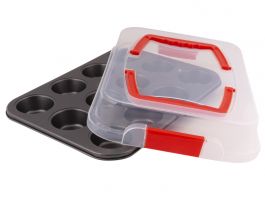 Lamart Dolce LT3103 12db muffin sütőforma fedéllel (42004674) fekete / átlátszó / piros
