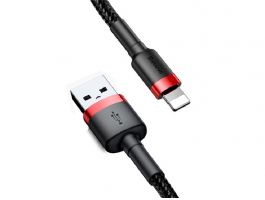 BASEUS CAFULE adatkábel (USB - lightning, 2.4A, gyorstöltő 3.0, 100cm, cipőfűző) FEKETE/PIROS