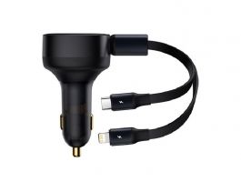 BASEUS autós töltő (USB, 30W, PD gyorstöltő + Type-C/lightning kábel) FEKETE