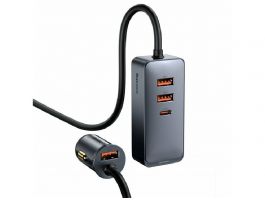 BASEUS autós töltő 3 USB+Type-C aljzat (120W, PD gyorstöltő + 1.5m hosszabbító) SZÜRKE