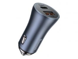 BASEUS autós töltő USB+Type-C aljzat (40W, PD gyorstöltő 3.0, LED jelzés) SZÜRKE