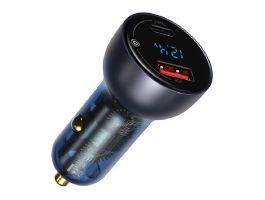 BASEUS autós töltő USB+Type-C aljzat (65W, PD gyorstöltő 3.0, LED kijelző) SZÜRKE