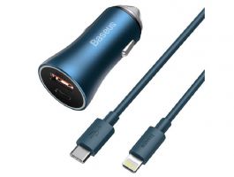 BASEUS GOLDEN CONTACTOR autós töltő USB+Type-C aljzat (40W, PD gyorstöltő + lightning kábel) SÖTÉTKÉK