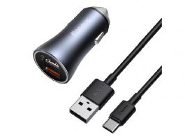 BASEUS GOLDEN CONTACTOR PRO autós töltő 2 USB aljzat (40W, PD gyorstöltő + Type-C kábel) SZÜRKE