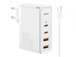 BASEUS hálózati töltő 2 USB+2 Type-C aljzat (100W, GaN2, PD gyorstöltő 4.0 + Type-C kábel) FEHÉR