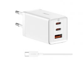 BASEUS hálózati töltő USB+2 Type-C aljzat (65W, PD gyorstöltő + Type-C kábel) FEHÉR