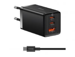 BASEUS hálózati töltő USB+2 Type-C aljzat (65W, PD gyorstöltő + Type-C kábel) FEKETE