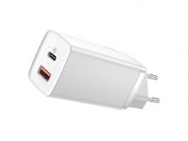 BASEUS hálózati töltő USB+Type-C aljzat (65W, GaN2, PD gyorstöltő 3.0) FEHÉR