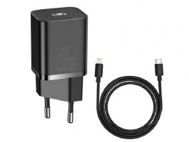 BASEUS SUPER SI hálózati töltő Type-C aljzat (20W, PD gyorstöltő + Type-C - lightning kábel) FEKETE