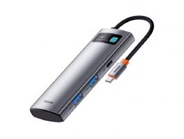 BASEUS Type-C HUB 7in1 (aktív, elosztó, 2 USB+2 Type-C+HDMI 4K aljzat, SD/microSD kártyaolvasó) VILÁGOSSZÜRKE