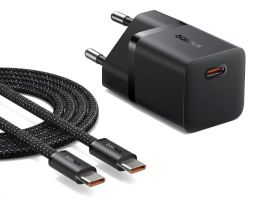 Baseus GaN5 Mini hálózati gyorstöltő 20W, USB Type-C 1m kábellel, fekete (P1011090011300)