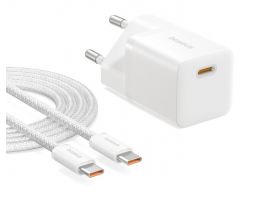 Baseus GaN5 Mini hálózati gyorstöltő 30W, USB Type-C, 1m kábellel, fehér (P1011090221300)