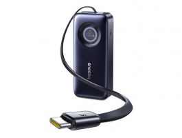 Baseus EnerCore CR11 gyorstöltő powerbank 20000mAh, 67W, beépített USB Type-C automata behúzós kábel, fekete