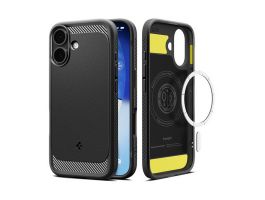 SPIGEN RUGGED ARMOR szilikon telefonvédő (ütésállóság, légpárnás sarok, karbon minta, MagSafe) FEKETE (ACS09975)