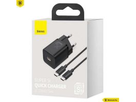 Baseus Super Si hálózati gyorstöltő 25W, USB Type-C, fekete + 3A USB Type-C, 1m kábel (TZCCSUP-L01)