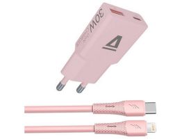 AVAX CH6418 30W GaN töltő és USBC-Lightning szilikon kábel szett, rózsaszín