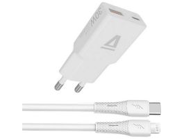 AVAX CH6414 NANO GaN USB-A + USB-C 30W hálózati gyorstöltő, fehér + 27W USBC–Lightning töltőkábel 1.5m