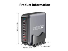 BLACKBIRD Hálózati Töltő GAN 320W 1xUSB-C PD100W + 1xUSB-C PD65W + 4xUSB-C PD30W + 2xUSB QC18W, Fekete (BH1666)