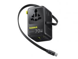 Baseus EnerCore CG11 töltőállomás, 70W, 1×AC + 2×USB Type-A + 1×USB Type-C + 1×USB Type-C automata behúzós kábel, fekete (E0307E00)