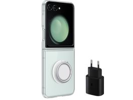 Samsung Galaxy Flip5 alapcsomag - átlátszó tok rögzítővel, fekete töltőfej (EF-XF73KKTEGWW)