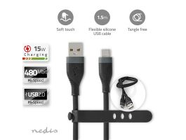 Nedis CCGB60800BK15 flexibilis USB A - USB C (USB-C) kábel, USB2.0, 15W, hossz 1,5m, fekete rugalmas szilikon