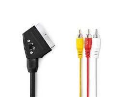 Nedis CVGP31130BK10 SCART kábel, 3x RCA férfi, Nikkelezett, Kapcsolható, 480p, 1,00 m, kerek, PVC, Fekete