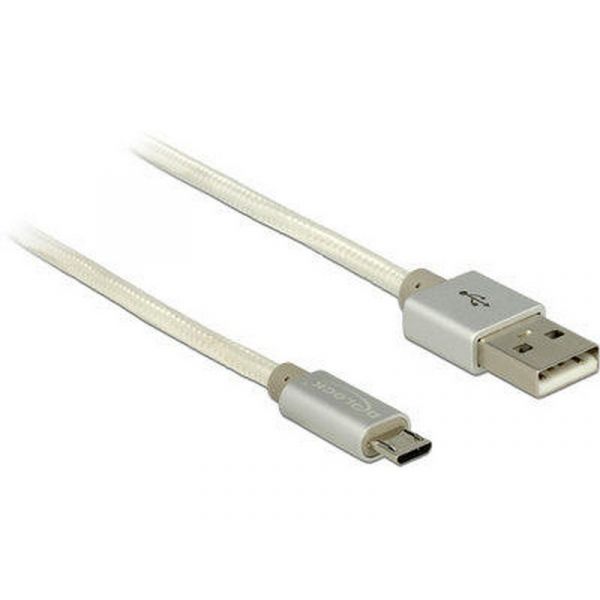 DELOCK USB 2.0 Micro USB adat és töltő kábel, textil árnyékolás, fehér, 1m (83916)