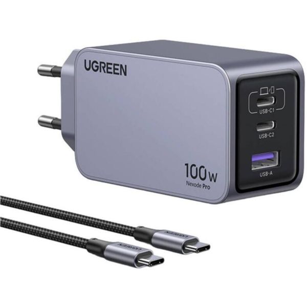 UGREEN Nexode Pro fali töltő, 100W, GaN, USB + 2x USB-C (szürke) (25874)
