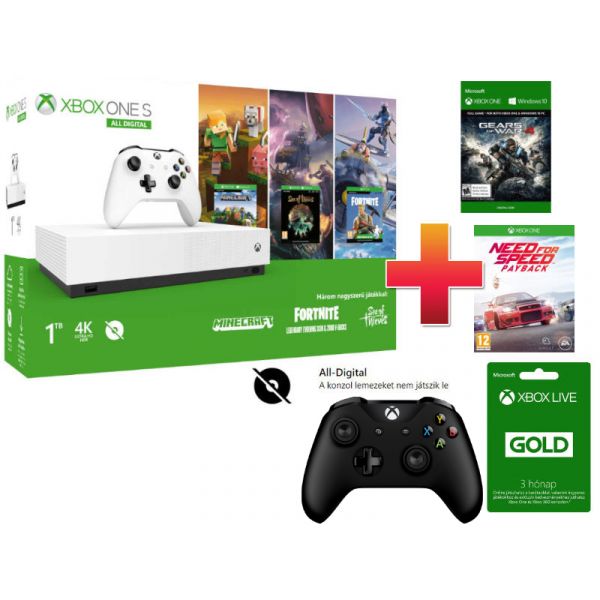 Xbox One S 1TB All-Digital Edition + 5 játék + Fehér Kontroller + 3 hónap Xbox Live Gold