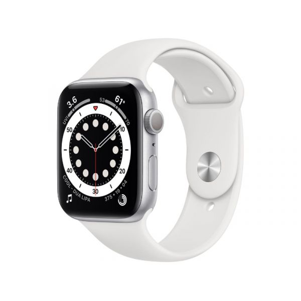 Apple Watch S6 GPS 44mm (M00D3HC/A) Ezüstszínű alumíniumtok, fehér sportszíj