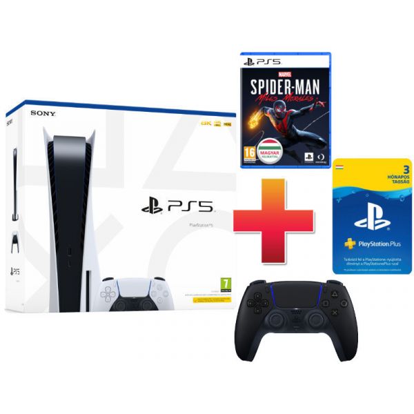 PS5 825GB Konzol + DualSense kontroller Fekete + Marvel's Spider-Man: Miles Morales + PSN Plus 90