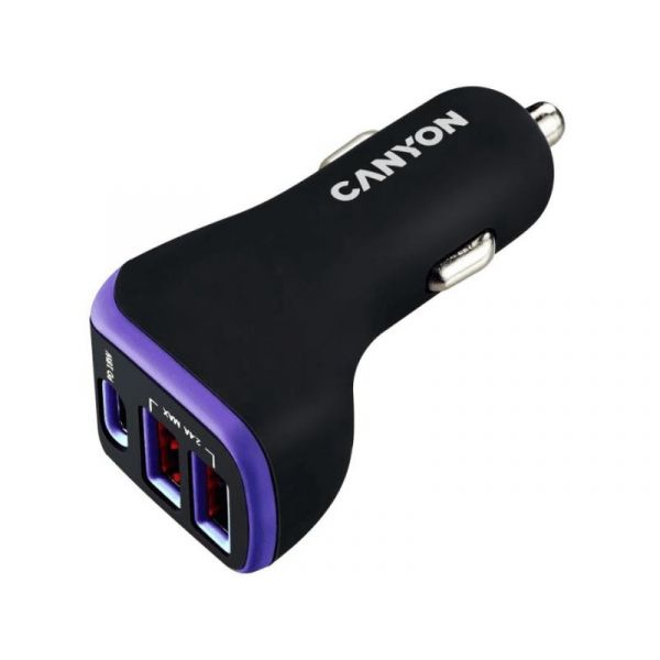 CANYON 3-portos, 2xUSB-A, 1xUSB-C 18W Autós Töltő, fekete-lila (CNE-CCA08PU)