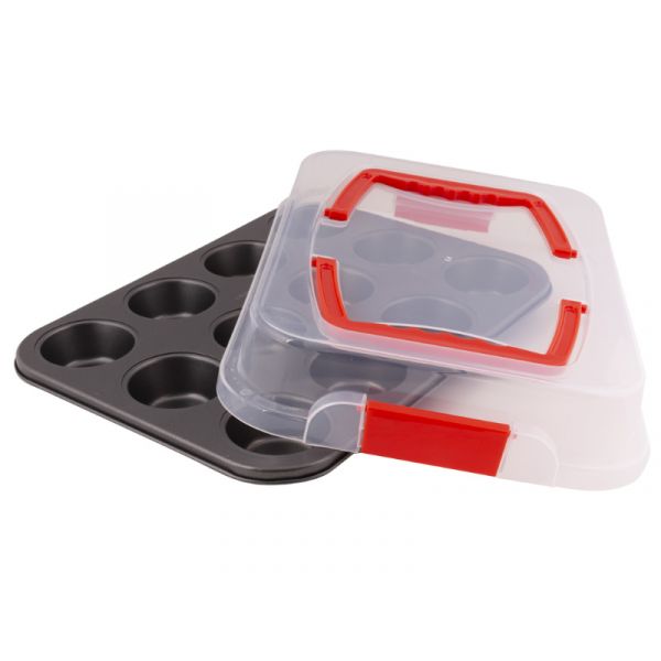 Lamart Dolce LT3103 12db muffin sütőforma fedéllel (42004674) fekete / átlátszó / piros