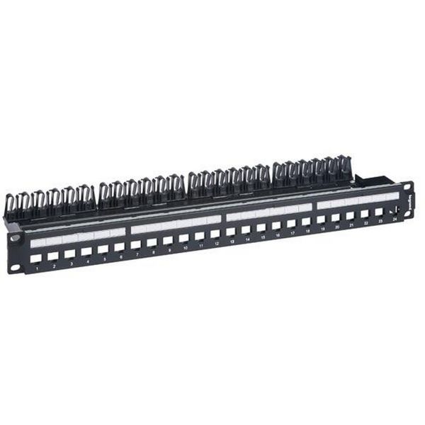 Legrand LinkeoC üres keystone patch panel 1U, 24xRJ45 port Fém Kábeltartóval (632850)