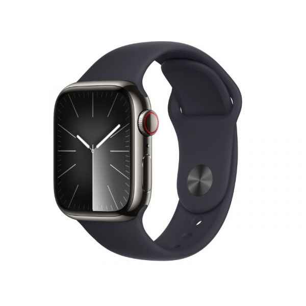 Apple Watch Series 9 GPS + Cellular, 41mm (MRJ83QH/A) grafitszínű rozsdamentesacél tok, éjfekete sportszíj - S/M