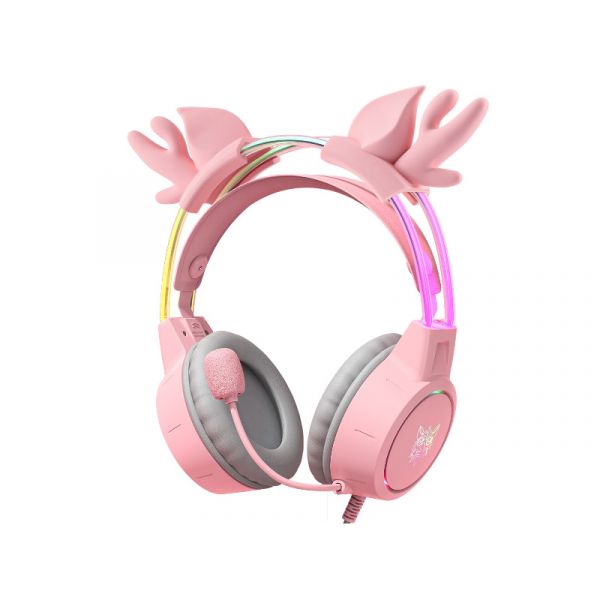 Onikuma X15 PRO RGB Gaming fejhallgató, Rénszarvasos-Pink