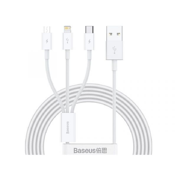 BASEUS töltőkábel 3in1 (USB - lightning/microUSB/Type-C, gyorstöltő, 150cm) FEHÉR