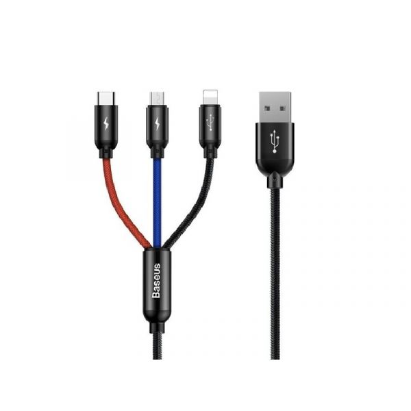 BASEUS töltőkábel 3in1 (USB - lightning/Type-C/microUSB, 3.5A, 30cm, törésgátló) FEKETE