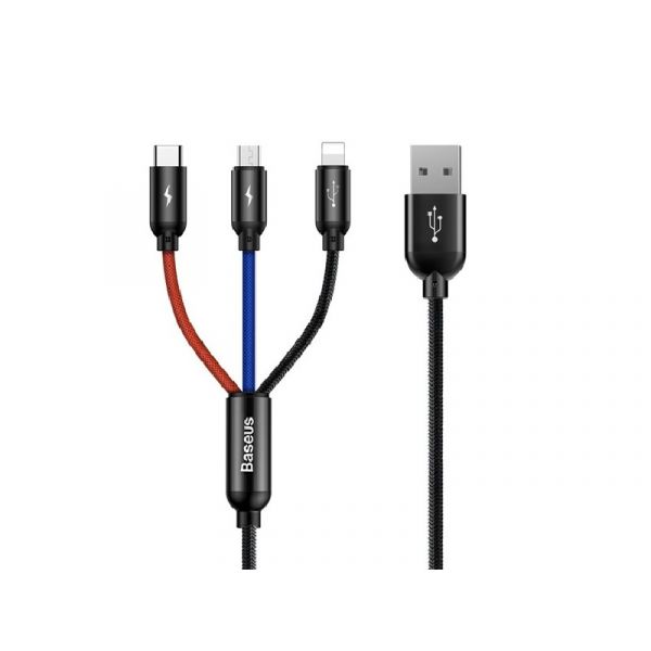 BASEUS töltőkábel 3in1 (USB - lightning/Type-C/microUSB, gyorstöltő, 120cm) FEKETE