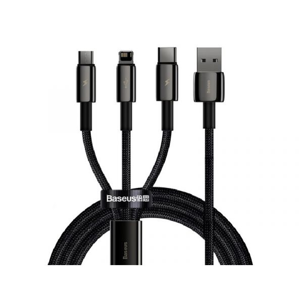 BASEUS töltőkábel 3in1 (USB - lightning/Type-C/microUSB, gyorstöltő, 150cm, törésgátló) FEKETE