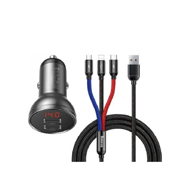 BASEUS autós töltő 2 USB aljzat (24W, LED kijelző + lightning/microUSB/Type-C kábel) SZÜRKE