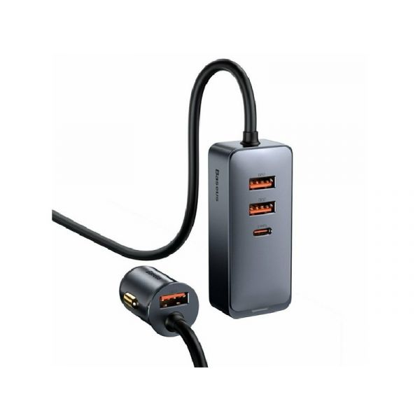 BASEUS autós töltő 3 USB+Type-C aljzat (120W, PD gyorstöltő + 1.5m hosszabbító) SZÜRKE