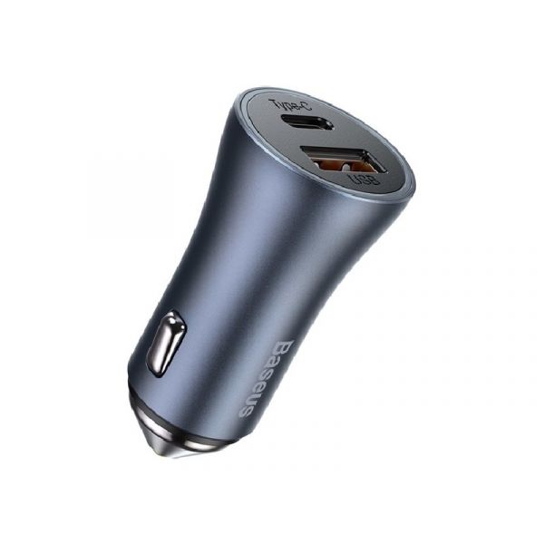 BASEUS autós töltő USB+Type-C aljzat (40W, PD gyorstöltő 3.0, LED jelzés) SZÜRKE