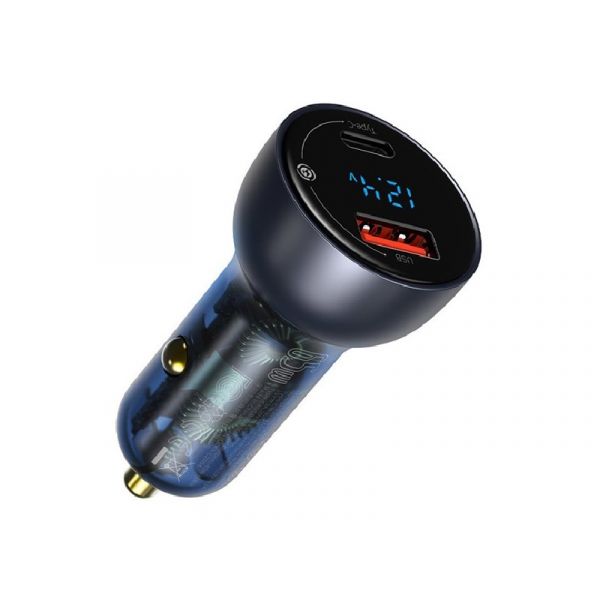 BASEUS autós töltő USB+Type-C aljzat (65W, PD gyorstöltő 3.0, LED kijelző) SZÜRKE