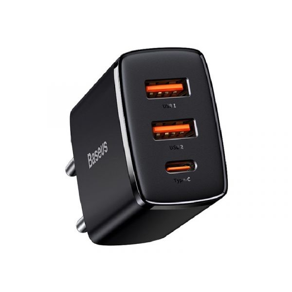 BASEUS COMPACT hálózati töltő 2 USB+Type-C aljzat (20W, PD gyorstöltő 3.0) FEKETE