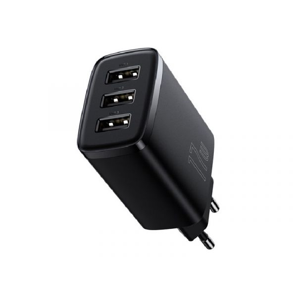 BASEUS COMPACT hálózati töltő 3 USB aljzat (17W, gyorstöltő) FEKETE