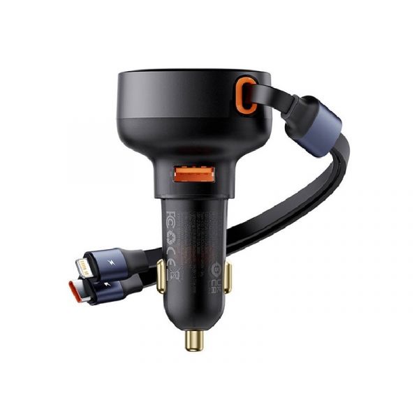 BASEUS ENJOYMENT autós töltő USB aljzat (60W, PD gyorstöltő + lapos Type-C - lightning kábel) FEKETE