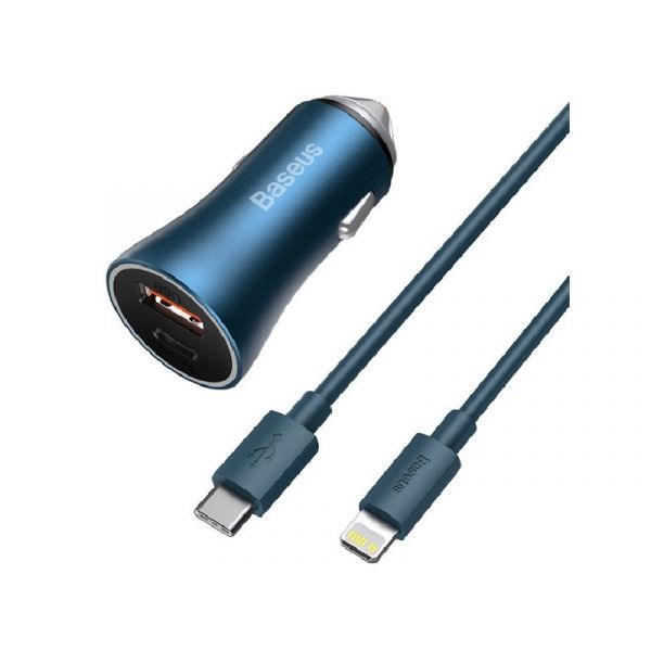 BASEUS GOLDEN CONTACTOR autós töltő USB+Type-C aljzat (40W, PD gyorstöltő + lightning kábel) SÖTÉTKÉK