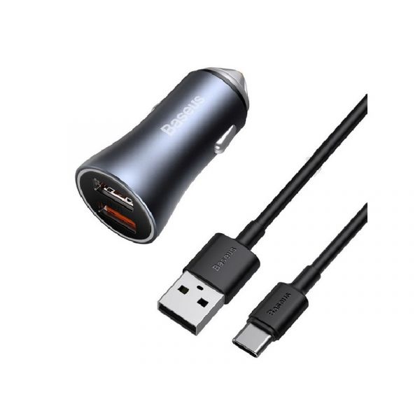 BASEUS GOLDEN CONTACTOR PRO autós töltő 2 USB aljzat (40W, PD gyorstöltő + Type-C kábel) SZÜRKE